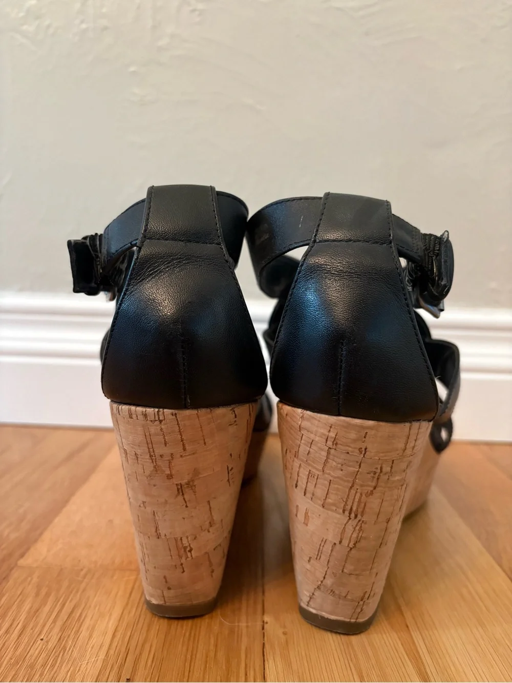 Nine West Black Leather Cork Wedge Sandals